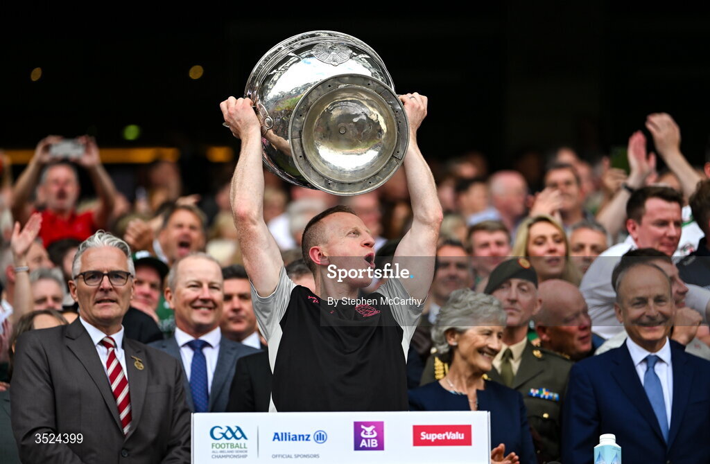 26 July 2026; Mayo selector Colm Boyle lift the Sam Maguire Cup following the GAA Football All-Ireland Senior Championship final match between Kerry and Mayo at Croke Park in Dublin. Photo by Stephen McCarthy/Sportsfile