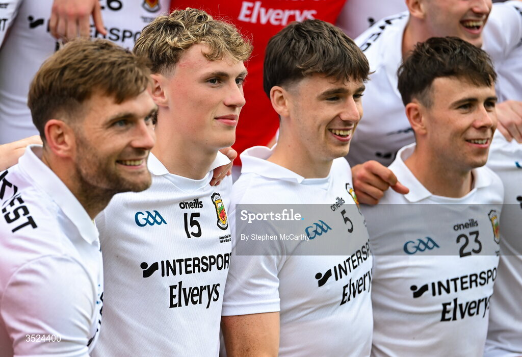 26 July 2026; Kobe McDonald, second from left, with Mayo team-mates, from left, Aidan O'Shea, Sam Callinan and Paul Towey after the GAA Football All-Ireland Senior Championship final match between Kerry and Mayo at Croke Park in Dublin. Photo by Stephen McCarthy/Sportsfile