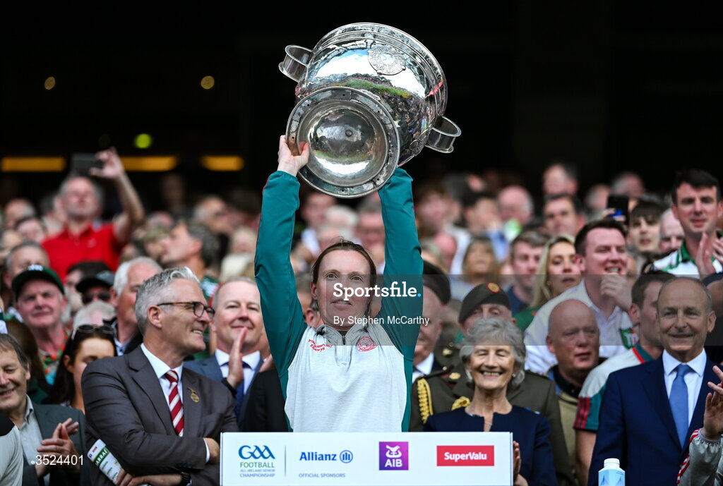 26 July 2026; Mayo psychologist Dr Rachel Sheehan lifts the Sam Maguire Cup following the GAA Football All-Ireland Senior Championship final match between Kerry and Mayo at Croke Park in Dublin. Photo by Stephen McCarthy/Sportsfile