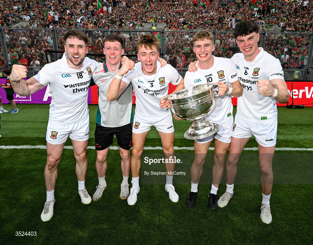 26 July 2026; Mayo players, from left, Paddy Durcan, Sean Morahan, Donnacha McHugh, John McMonagle and Bob Tuohy during the GAA Football All-Ireland Senior Championship final match between Kerry and Mayo at Croke Park in Dublin. Photo by Stephen McCarthy/Sportsfile