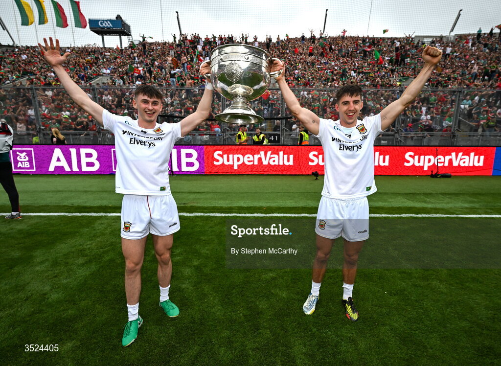 26 July 2026; Eoin McGreal, left, and Enda Hession of Mayo celebrate with the Sam Maguire Cup following the GAA Football All-Ireland Senior Championship final match between Kerry and Mayo at Croke Park in Dublin.  Photo by Stephen McCarthy/Sportsfile