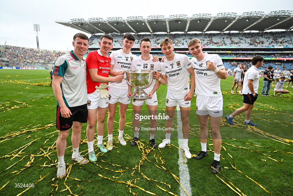 26 July 2026; Mayo players, from left, Sean Morahan, Jack Livingstone, Bob Tuohy, Diarmuid O'Connor, Donnacha McHugh and John MacMonagle celebrate with the Sam Maguire Cup following during the GAA Football All-Ireland Senior Championship final match between Kerry and Mayo at Croke Park in Dublin. Photo by Stephen McCarthy/Sportsfile
