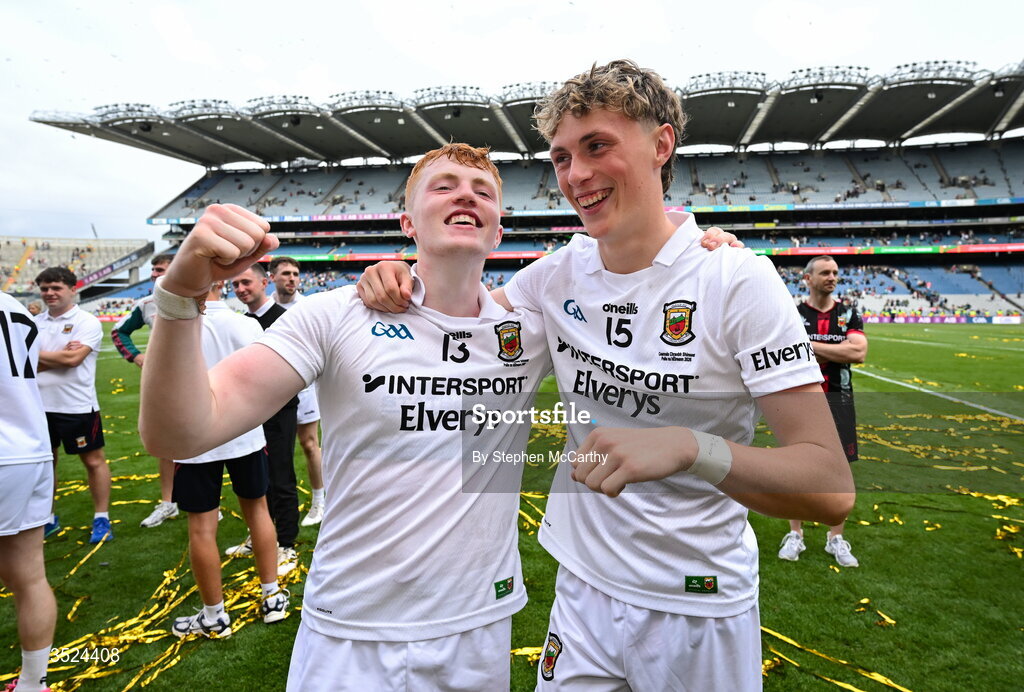 26 July 2026; Darragh Beirne, left, and Kobe McDonald of Mayo celebrate after the GAA Football All-Ireland Senior Championship final match between Kerry and Mayo at Croke Park in Dublin. Photo by Stephen McCarthy/Sportsfile