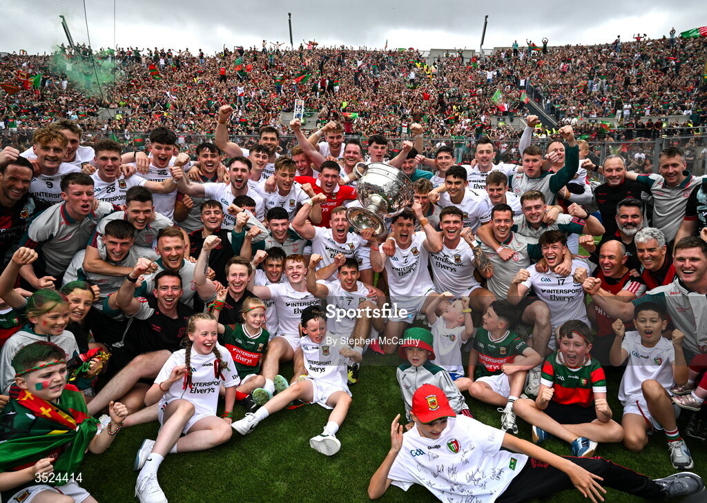 26 July 2026; Mayo players celebrate with the Sam Maguire Cup following the GAA Football All-Ireland Senior Championship final match between Kerry and Mayo at Croke Park in Dublin. Photo by Stephen McCarthy/Sportsfile