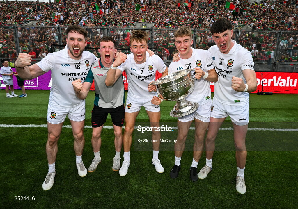 26 July 2026; Mayo players, from left, Paddy Durcan, Sean Morahan, Donnacha McHugh, John McMonagle and Bob Tuohy during the GAA Football All-Ireland Senior Championship final match between Kerry and Mayo at Croke Park in Dublin. Photo by Stephen McCarthy/Sportsfile