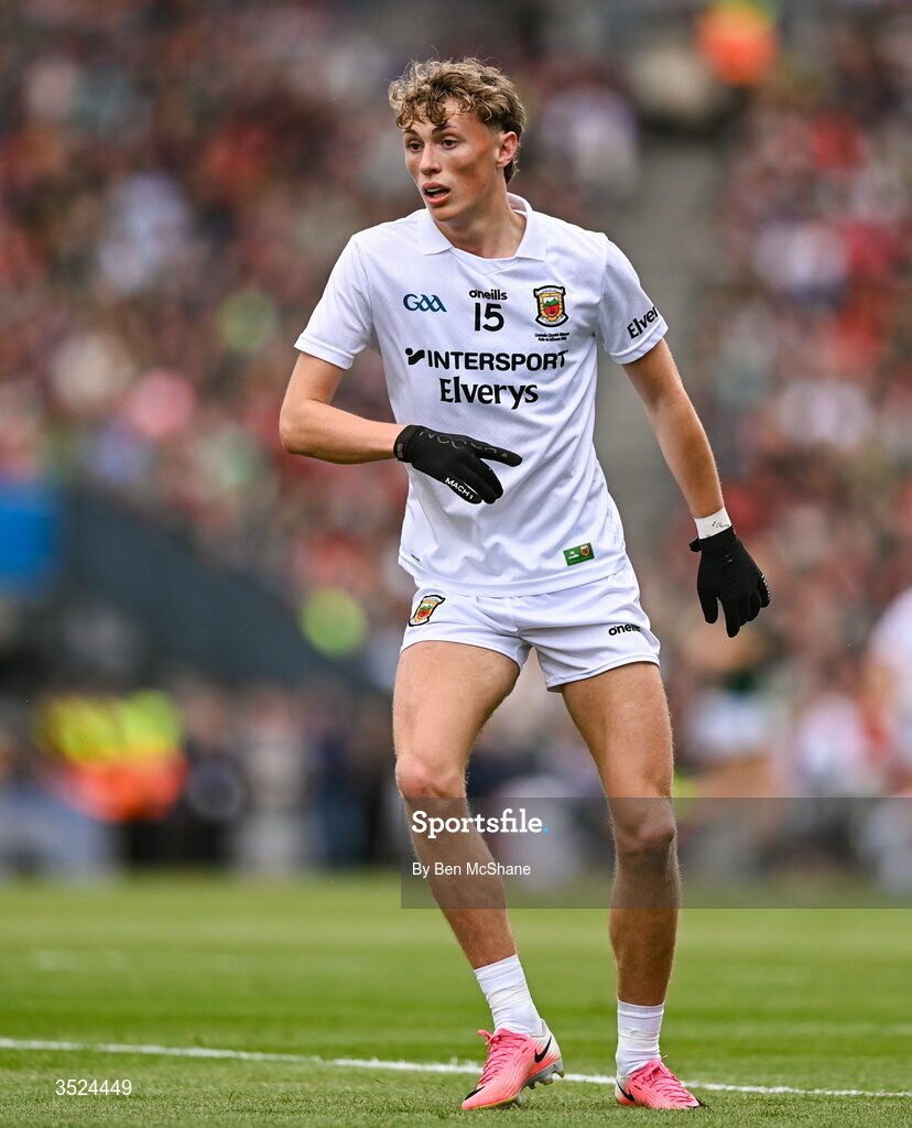 26 July 2026; Kobe McDonald of Mayo during the GAA Football All-Ireland Senior Championship final match between Kerry and Mayo at Croke Park in Dublin. Photo by Ben McShane/Sportsfile