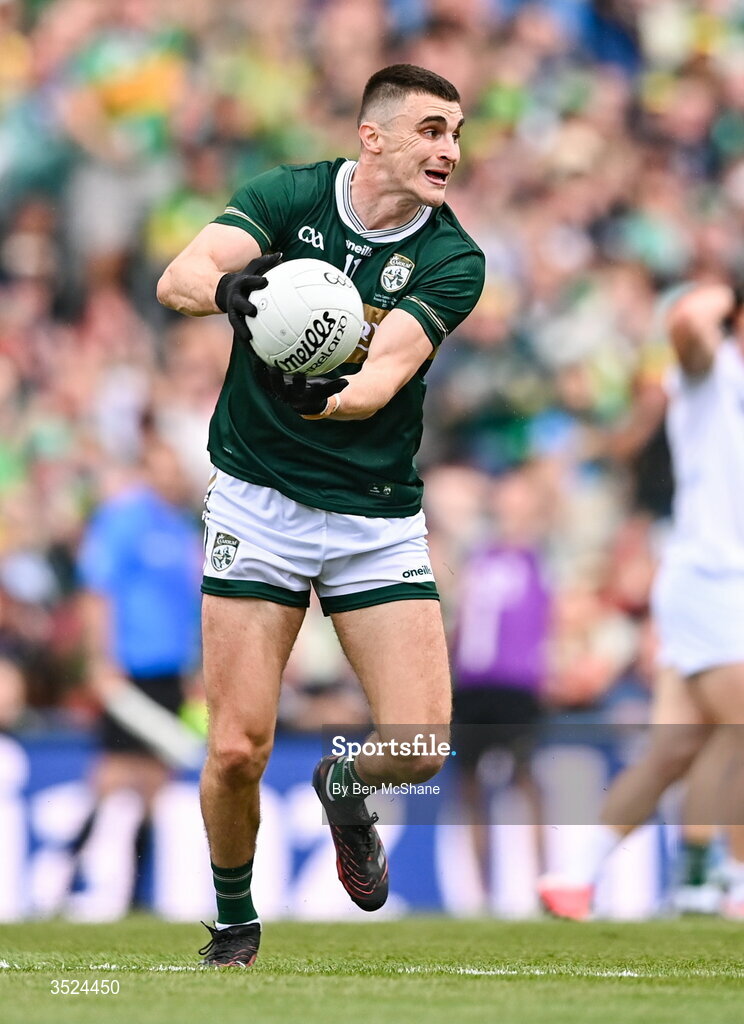 26 July 2026; Seán O'Shea of Kerry during the GAA Football All-Ireland Senior Championship final match between Kerry and Mayo at Croke Park in Dublin. Photo by Ben McShane/Sportsfile
