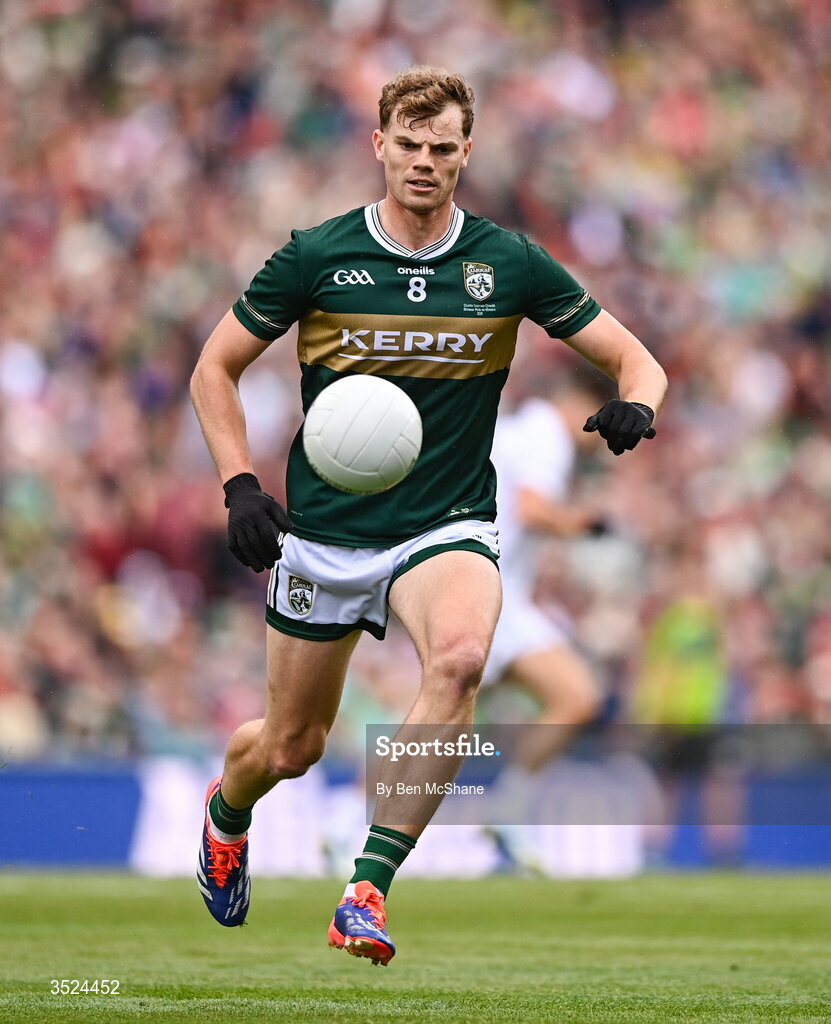 26 July 2026; Mark O'Shea of Kerry during the GAA Football All-Ireland Senior Championship final match between Kerry and Mayo at Croke Park in Dublin. Photo by Ben McShane/Sportsfile