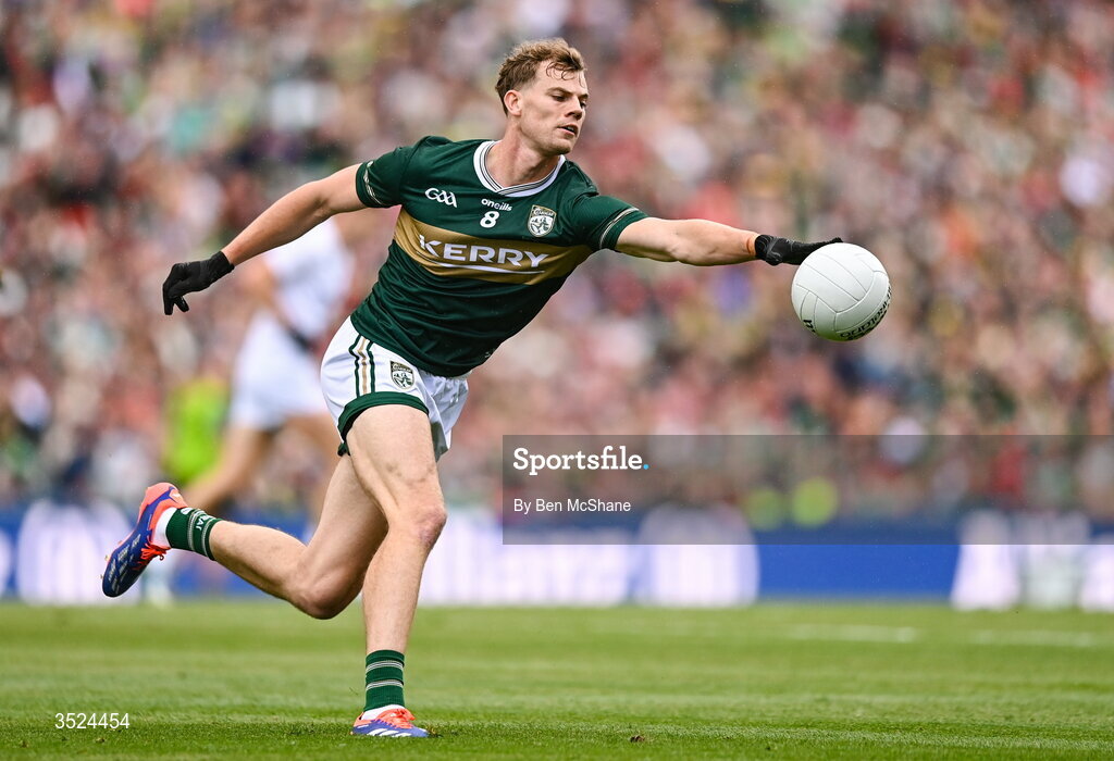 26 July 2026; Mark O'Shea of Kerry during the GAA Football All-Ireland Senior Championship final match between Kerry and Mayo at Croke Park in Dublin. Photo by Ben McShane/Sportsfile