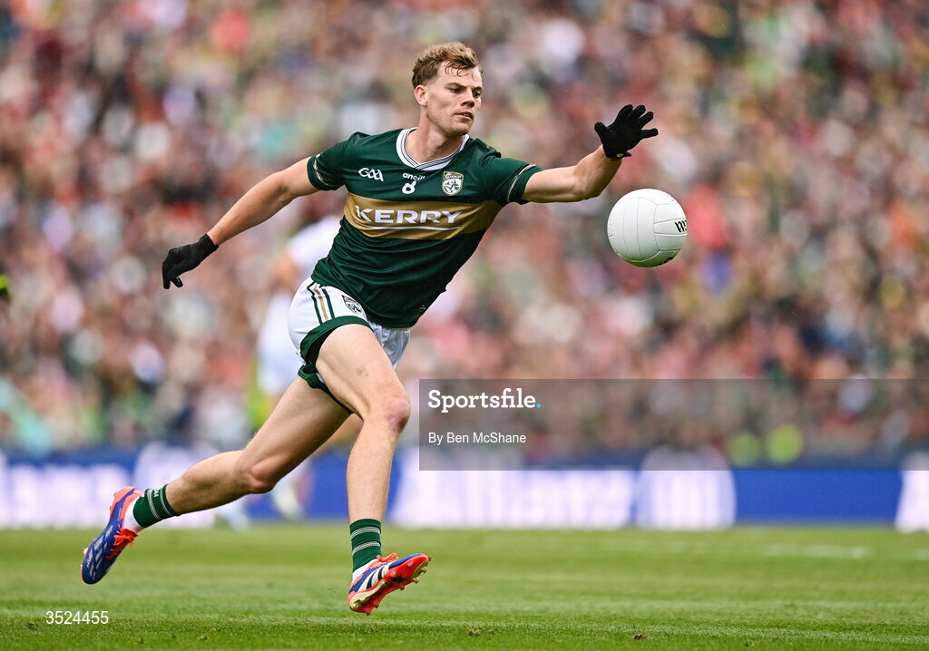 26 July 2026; Mark O'Shea of Kerry during the GAA Football All-Ireland Senior Championship final match between Kerry and Mayo at Croke Park in Dublin. Photo by Ben McShane/Sportsfile