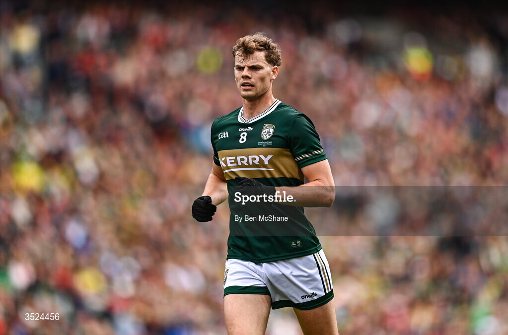 26 July 2026; Mark O'Shea of Kerry during the GAA Football All-Ireland Senior Championship final match between Kerry and Mayo at Croke Park in Dublin. Photo by Ben McShane/Sportsfile