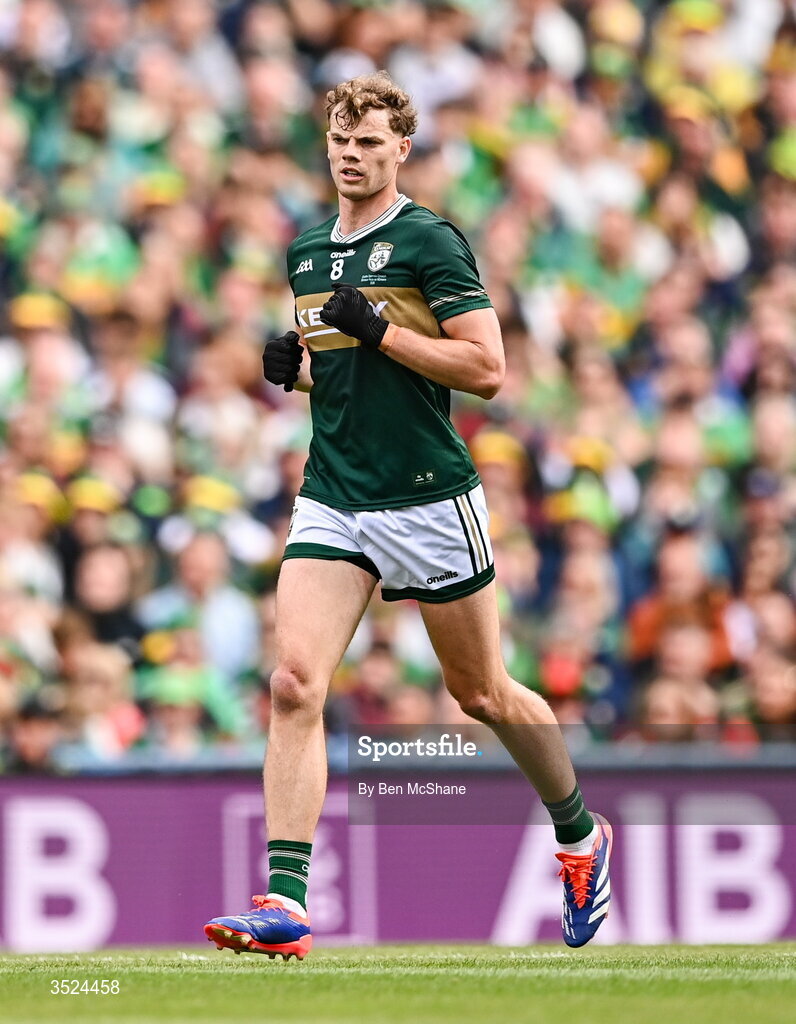 26 July 2026; Mark O'Shea of Kerry during the GAA Football All-Ireland Senior Championship final match between Kerry and Mayo at Croke Park in Dublin. Photo by Ben McShane/Sportsfile