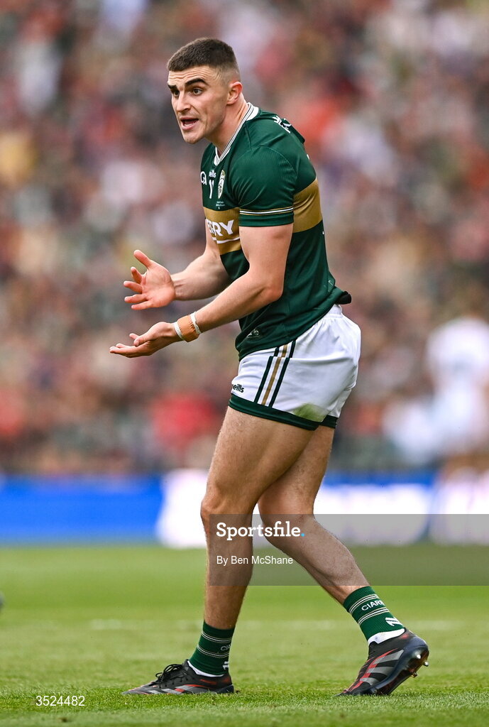 26 July 2026; Seán O'Shea of Kerry reacts during the GAA Football All-Ireland Senior Championship final match between Kerry and Mayo at Croke Park in Dublin. Photo by Ben McShane/Sportsfile