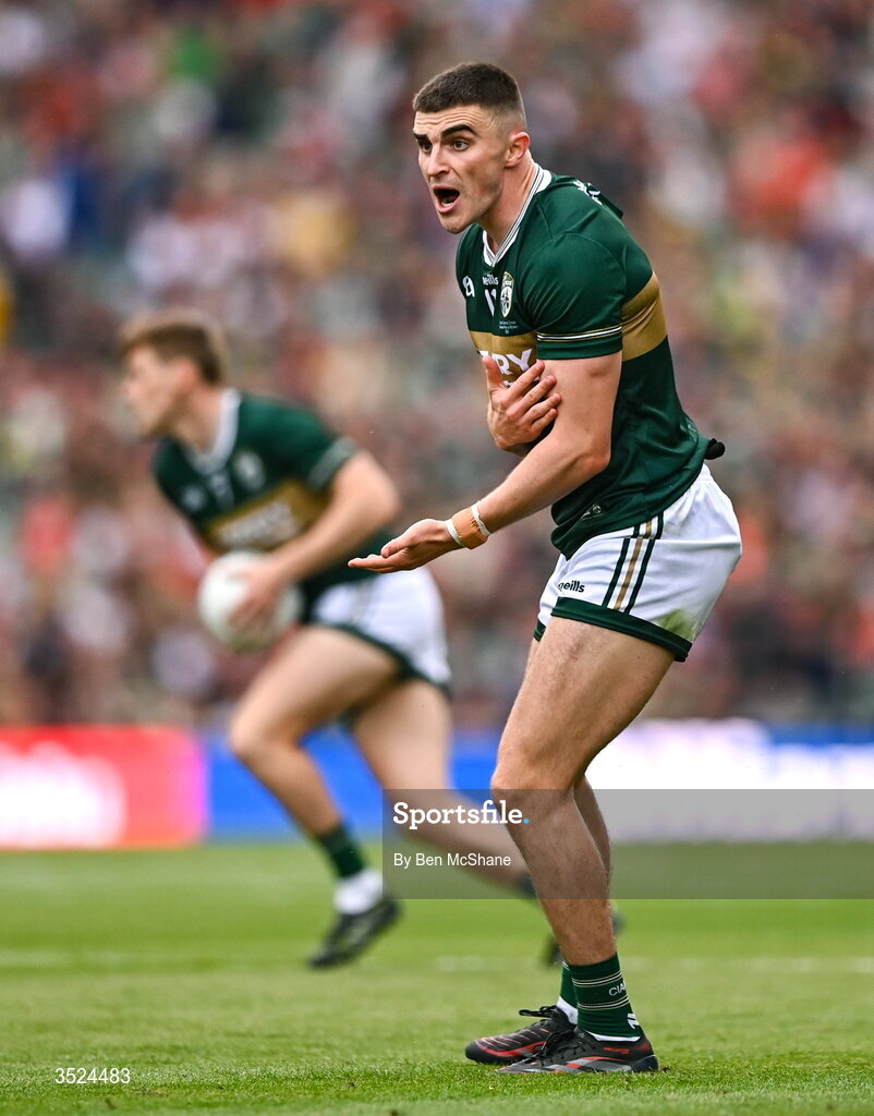 26 July 2026; Seán O'Shea of Kerry reacts during the GAA Football All-Ireland Senior Championship final match between Kerry and Mayo at Croke Park in Dublin. Photo by Ben McShane/Sportsfile