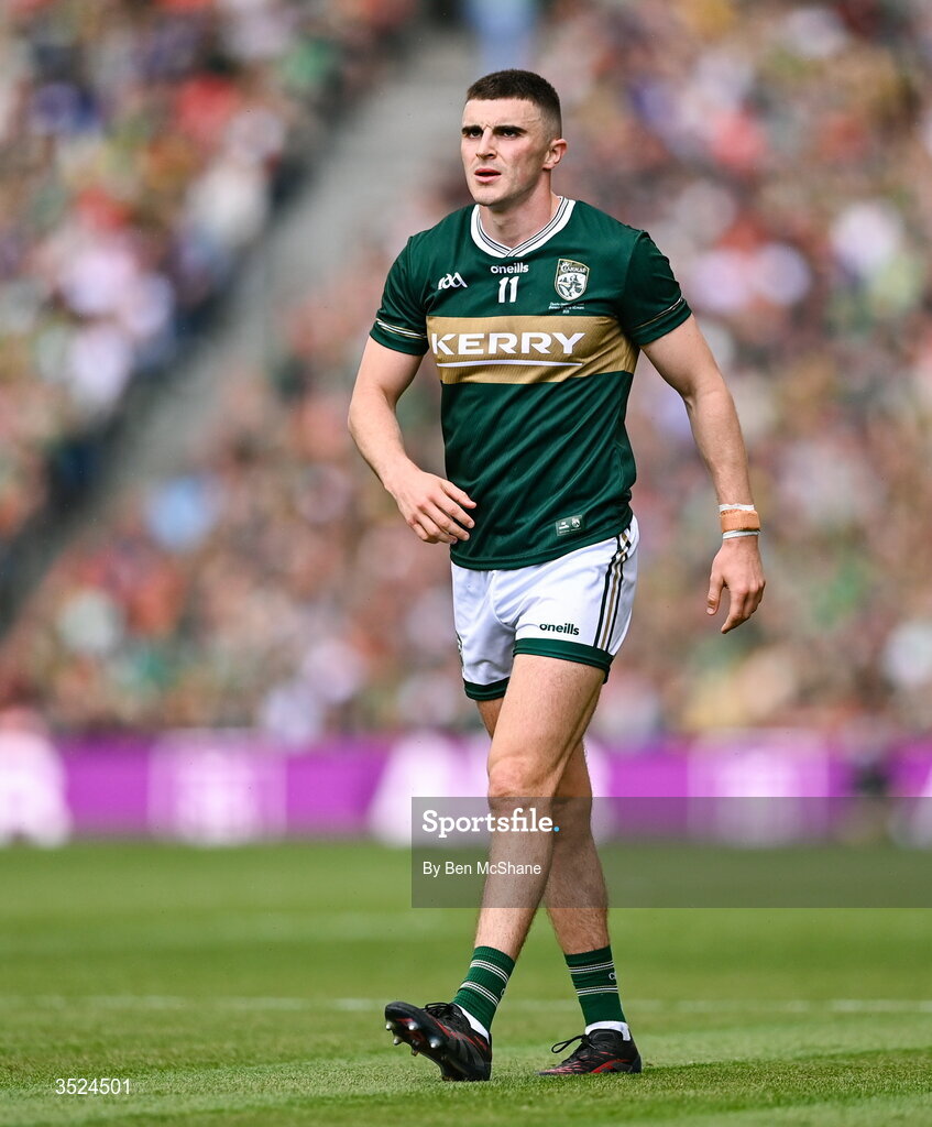 26 July 2026; Seán O'Shea of Kerry during the GAA Football All-Ireland Senior Championship final match between Kerry and Mayo at Croke Park in Dublin. Photo by Ben McShane/Sportsfile