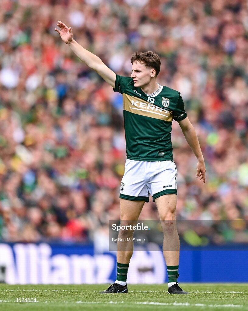 26 July 2026; Keith Evans of Kerry during the GAA Football All-Ireland Senior Championship final match between Kerry and Mayo at Croke Park in Dublin. Photo by Ben McShane/Sportsfile
