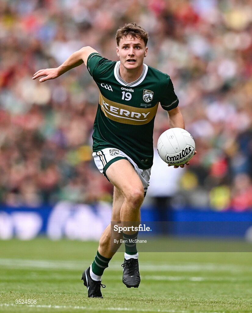 26 July 2026; Keith Evans of Kerry during the GAA Football All-Ireland Senior Championship final match between Kerry and Mayo at Croke Park in Dublin. Photo by Ben McShane/Sportsfile