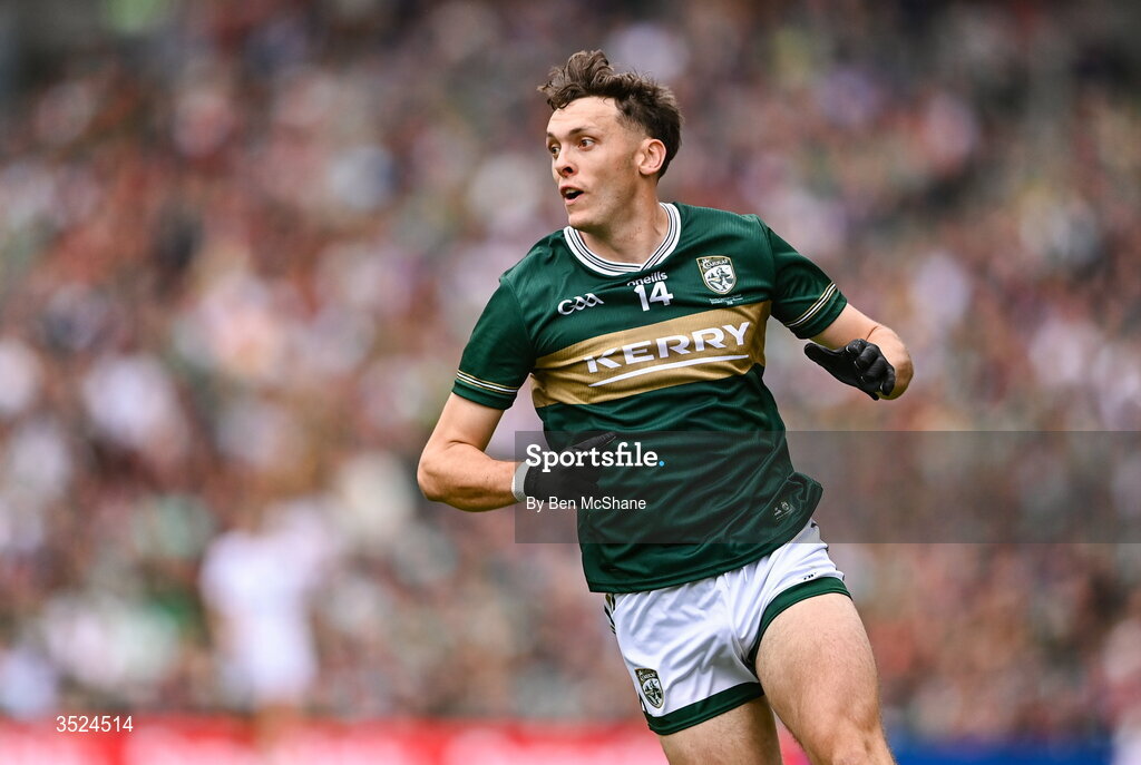 26 July 2026; David Clifford of Kerry during the GAA Football All-Ireland Senior Championship final match between Kerry and Mayo at Croke Park in Dublin. Photo by Ben McShane/Sportsfile