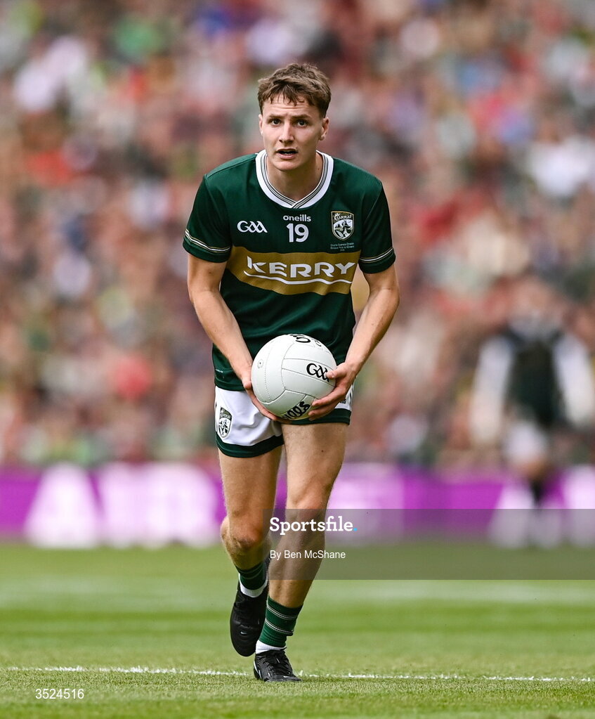 26 July 2026; Keith Evans of Kerry during the GAA Football All-Ireland Senior Championship final match between Kerry and Mayo at Croke Park in Dublin. Photo by Ben McShane/Sportsfile