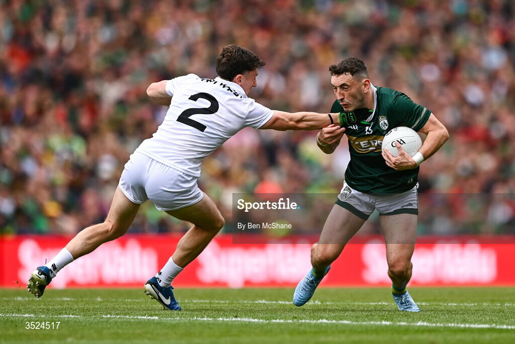 26 July 2026; Paudie Clifford of Kerry is tackled by Jack Coyne of Mayo during the GAA Football All-Ireland Senior Championship final match between Kerry and Mayo at Croke Park in Dublin. Photo by Ben McShane/Sportsfile