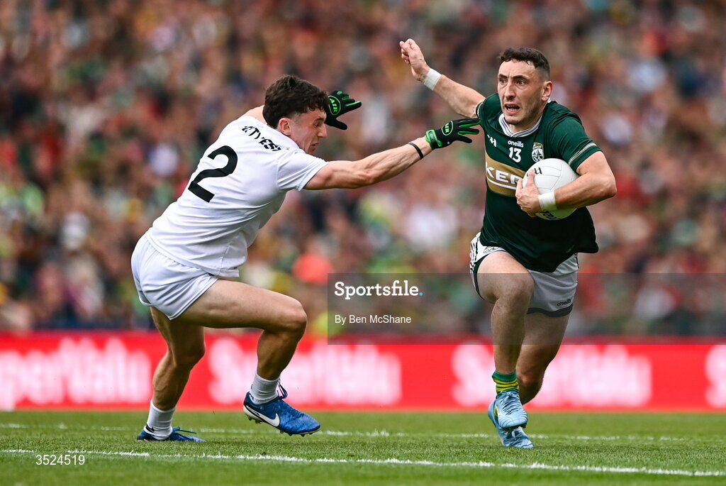 26 July 2026; Paudie Clifford of Kerry is tackled by Jack Coyne of Mayo during the GAA Football All-Ireland Senior Championship final match between Kerry and Mayo at Croke Park in Dublin. Photo by Ben McShane/Sportsfile