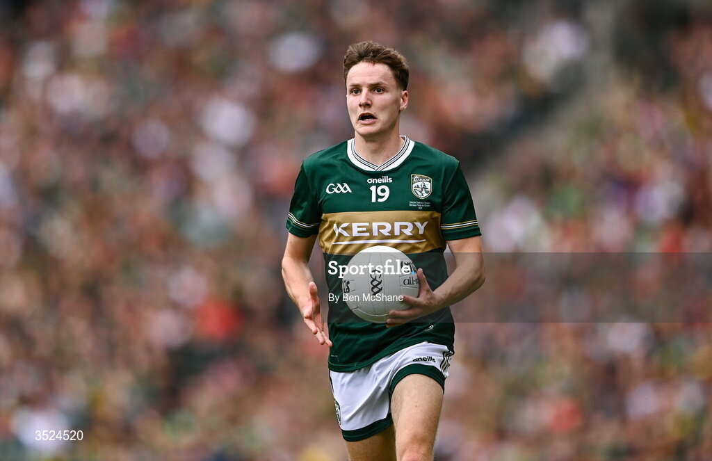 26 July 2026; Keith Evans of Kerry during the GAA Football All-Ireland Senior Championship final match between Kerry and Mayo at Croke Park in Dublin. Photo by Ben McShane/Sportsfile