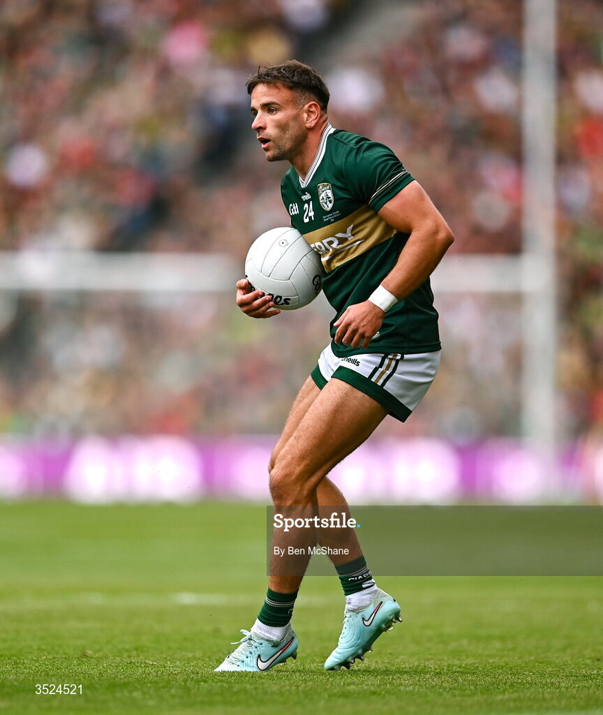26 July 2026; Micheál Burns of Kerry during the GAA Football All-Ireland Senior Championship final match between Kerry and Mayo at Croke Park in Dublin. Photo by Ben McShane/Sportsfile