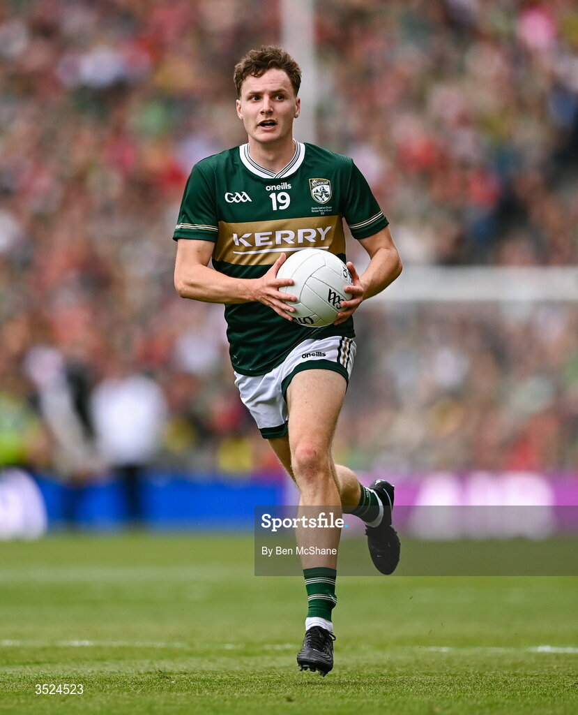 26 July 2026; Keith Evans of Kerry during the GAA Football All-Ireland Senior Championship final match between Kerry and Mayo at Croke Park in Dublin. Photo by Ben McShane/Sportsfile