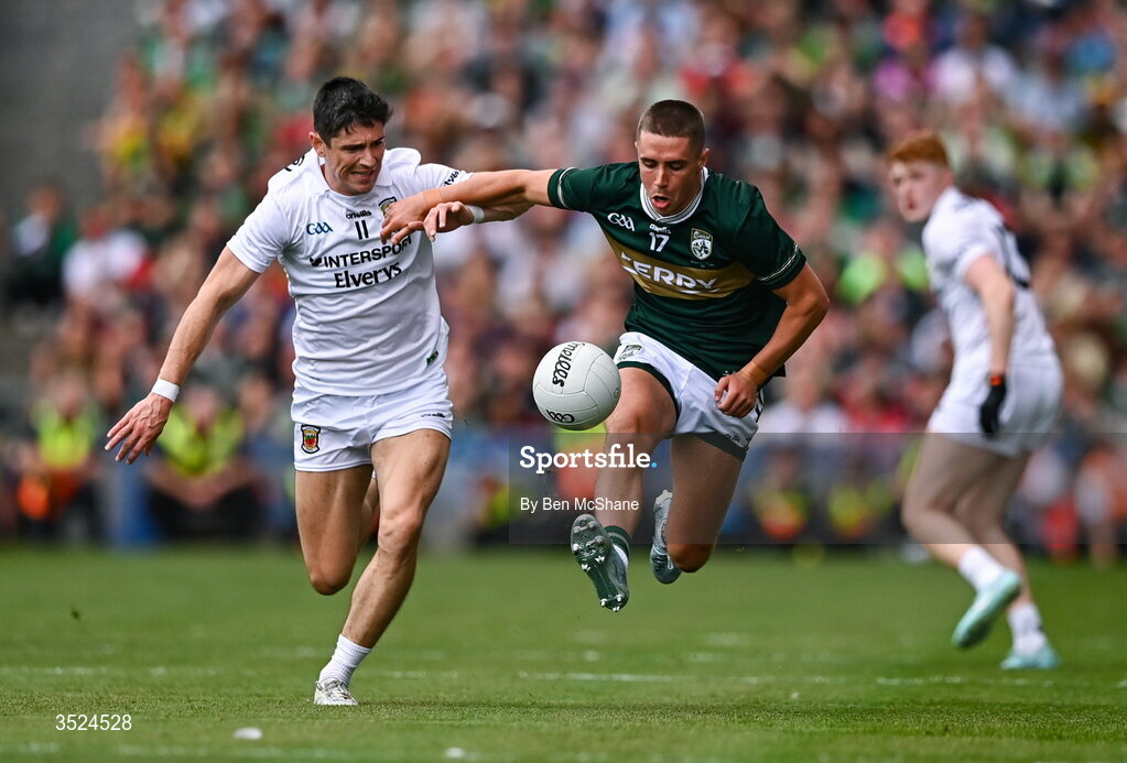 26 July 2026; Evan Looney of Kerry is tackled by Conor Loftus of Mayo during the GAA Football All-Ireland Senior Championship final match between Kerry and Mayo at Croke Park in Dublin. Photo by Ben McShane/Sportsfile