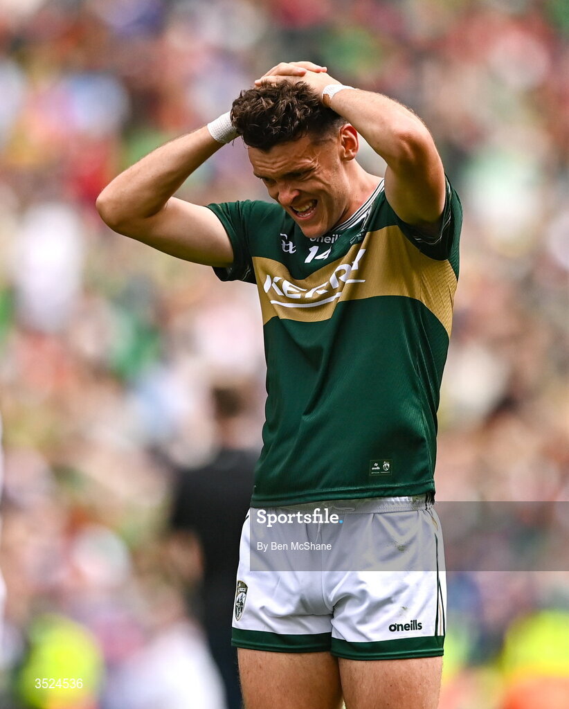 26 July 2026; David Clifford of Kerry reacts after his side's defeat in the GAA Football All-Ireland Senior Championship final match between Kerry and Mayo at Croke Park in Dublin. Photo by Ben McShane/Sportsfile