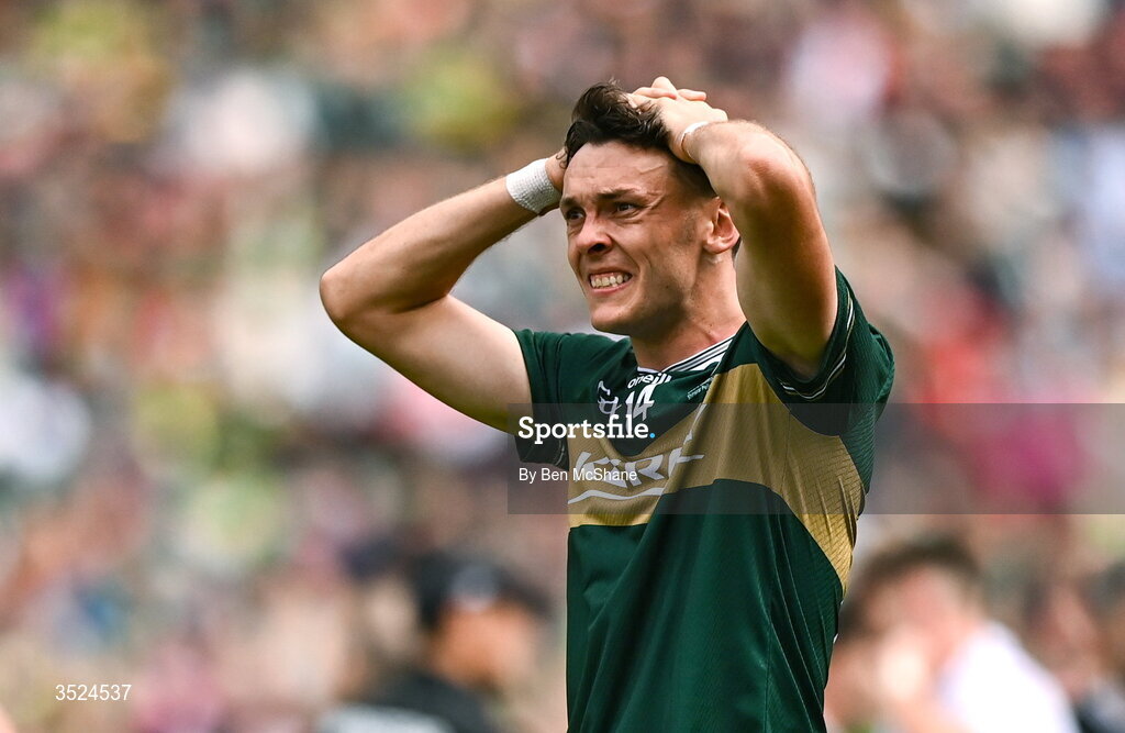 26 July 2026; David Clifford of Kerry reacts after his side's defeat in the GAA Football All-Ireland Senior Championship final match between Kerry and Mayo at Croke Park in Dublin. Photo by Ben McShane/Sportsfile