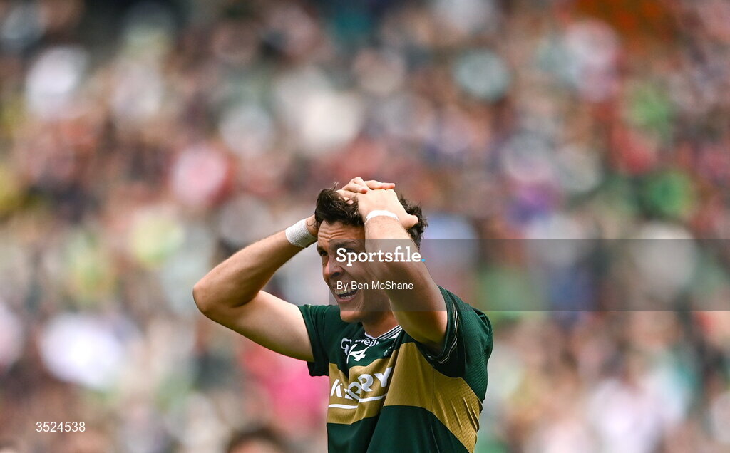 26 July 2026; David Clifford of Kerry reacts after his side's defeat in the GAA Football All-Ireland Senior Championship final match between Kerry and Mayo at Croke Park in Dublin. Photo by Ben McShane/Sportsfile