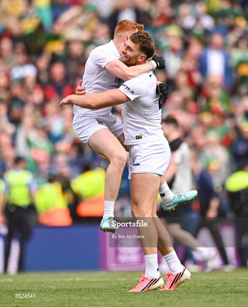 26 July 2026; Darragh Beirne, left, and Aidan O'Shea of Mayo celebrate after the GAA Football All-Ireland Senior Championship final match between Kerry and Mayo at Croke Park in Dublin. Photo by Ben McShane/Sportsfile