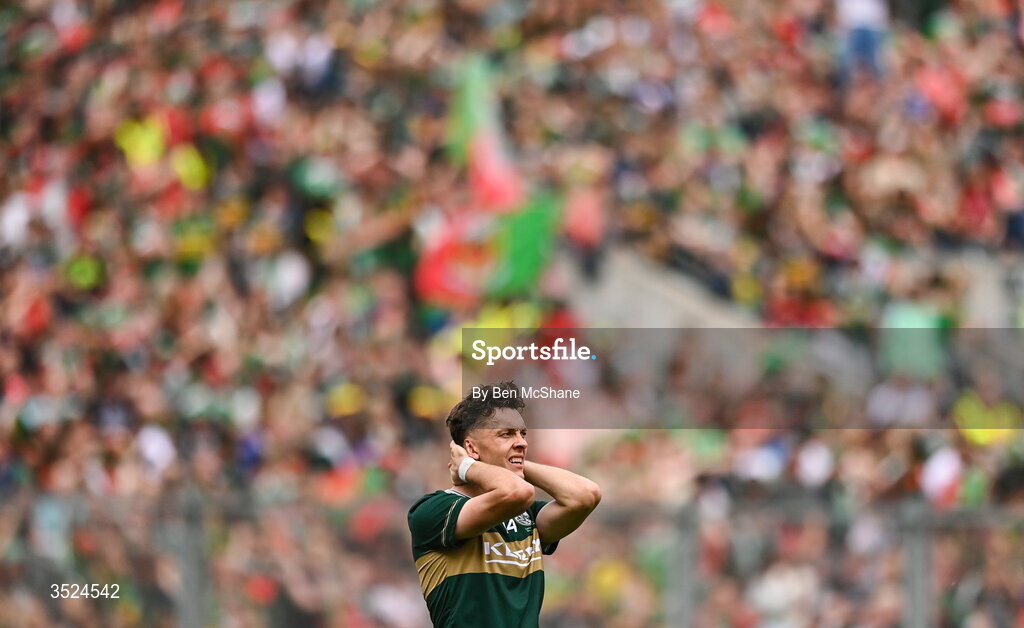 26 July 2026; David Clifford of Kerry reacts after his side's defeat in the GAA Football All-Ireland Senior Championship final match between Kerry and Mayo at Croke Park in Dublin. Photo by Ben McShane/Sportsfile