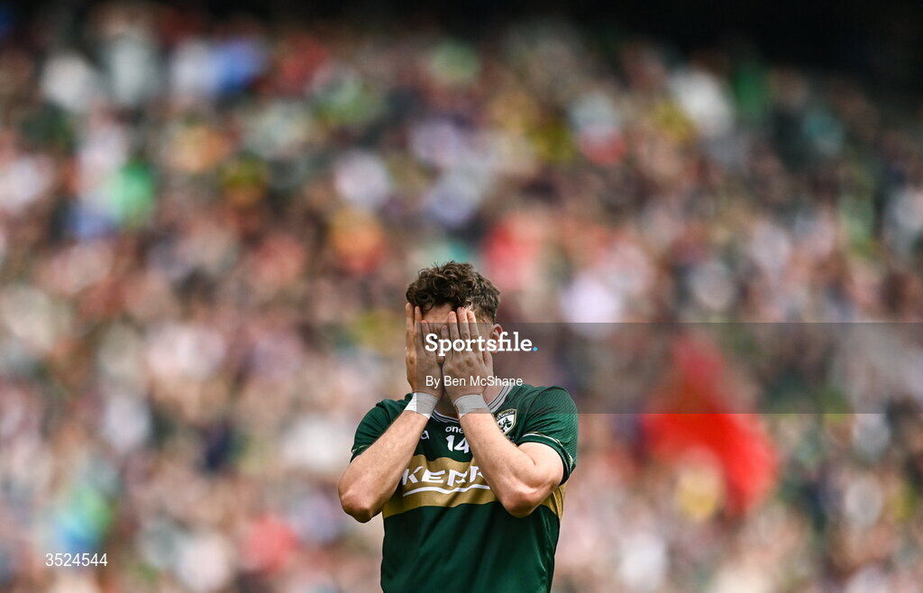 26 July 2026; David Clifford of Kerry reacts after his side's defeat in the GAA Football All-Ireland Senior Championship final match between Kerry and Mayo at Croke Park in Dublin. Photo by Ben McShane/Sportsfile