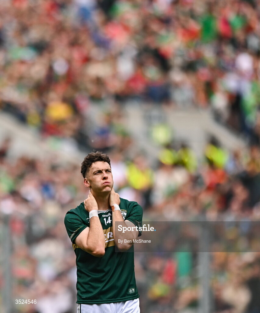 26 July 2026; David Clifford of Kerry reacts after his side's defeat in the GAA Football All-Ireland Senior Championship final match between Kerry and Mayo at Croke Park in Dublin. Photo by Ben McShane/Sportsfile