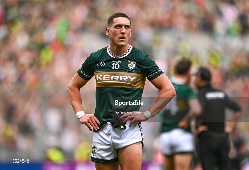 26 July 2026; Joe O'Connor of Kerry reacts after his side's defeat in the GAA Football All-Ireland Senior Championship final match between Kerry and Mayo at Croke Park in Dublin. Photo by Ben McShane/Sportsfile