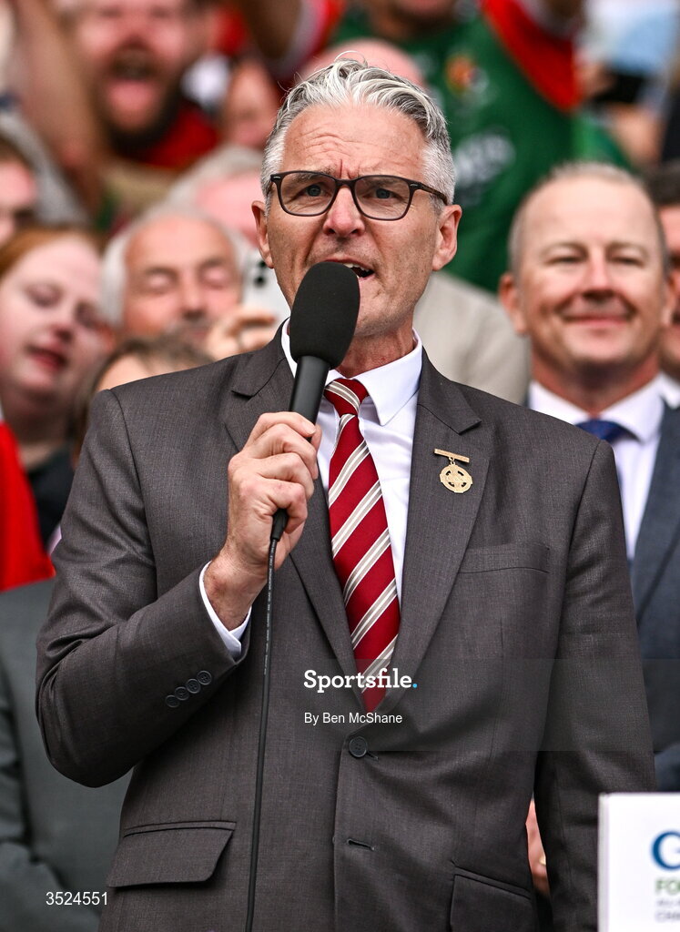 26 July 2026; Uachtarán Chumann Lúthchleas Gael Jarlath Burns after the GAA Football All-Ireland Senior Championship final match between Kerry and Mayo at Croke Park in Dublin. Photo by Ben McShane/Sportsfile