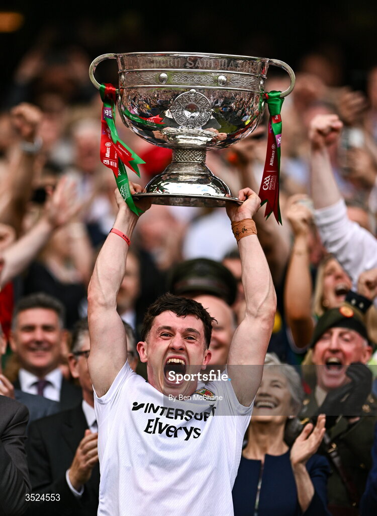 26 July 2026; Mayo captain Jack Coyne lifts the Sam Maguire Cup after during the GAA Football All-Ireland Senior Championship final match between Kerry and Mayo at Croke Park in Dublin. Photo by Ben McShane/Sportsfile