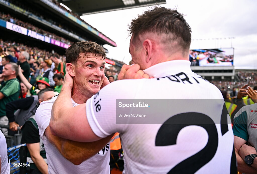 26 July 2026; Jordan Flynn, left, and Matthew Ruane of Mayo celebrate after the GAA Football All-Ireland Senior Championship final match between Kerry and Mayo at Croke Park in Dublin. Photo by Ben McShane/Sportsfile