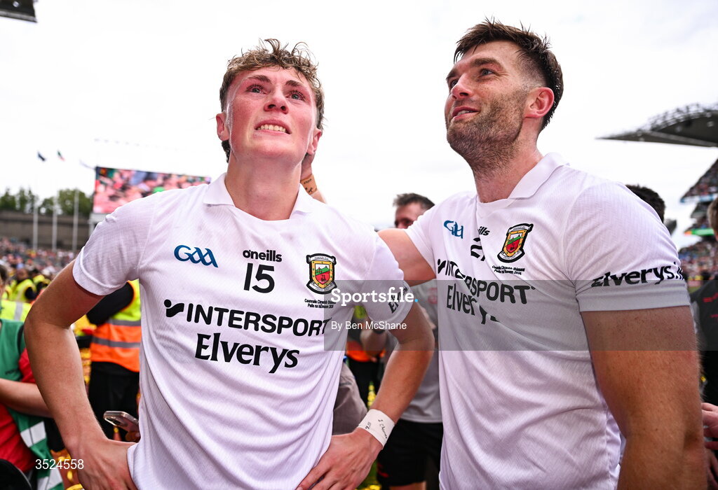 26 July 2026; Kobe McDonald, left, and Aidan O'Shea of Mayo after the GAA Football All-Ireland Senior Championship final match between Kerry and Mayo at Croke Park in Dublin. Photo by Ben McShane/Sportsfile