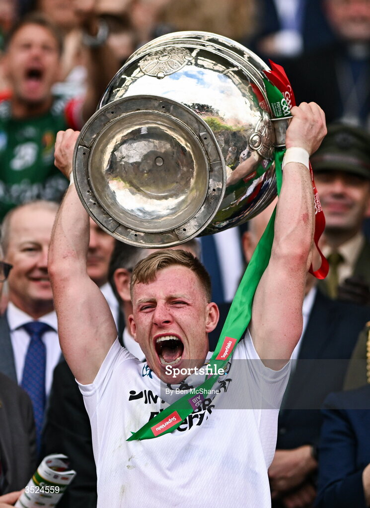 26 July 2026; Ryan O'Donoghue of Mayo lifts the Sam Maguire Cup after the GAA Football All-Ireland Senior Championship final match between Kerry and Mayo at Croke Park in Dublin. Photo by Ben McShane/Sportsfile