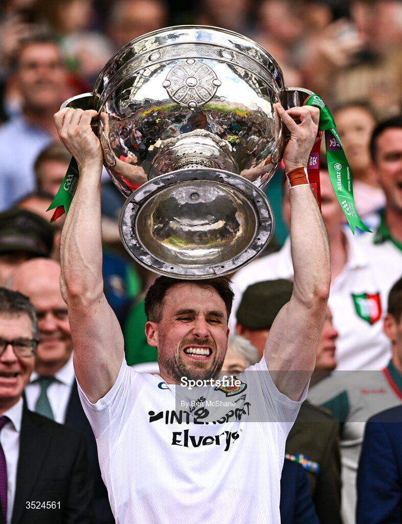 26 July 2026; Paddy Durcan of Mayo lifts the Sam Maguire Cup after the GAA Football All-Ireland Senior Championship final match between Kerry and Mayo at Croke Park in Dublin. Photo by Ben McShane/Sportsfile