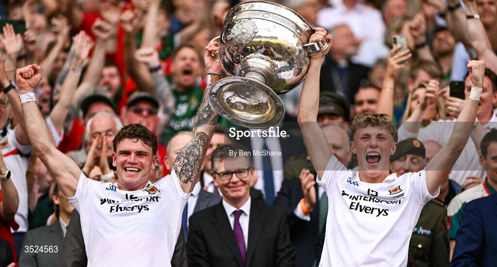 26 July 2026; Jordan Flynn, left, and Kobe McDonald of Mayo lift the Sam Maguire Cup after the GAA Football All-Ireland Senior Championship final match between Kerry and Mayo at Croke Park in Dublin. Photo by Ben McShane/Sportsfile