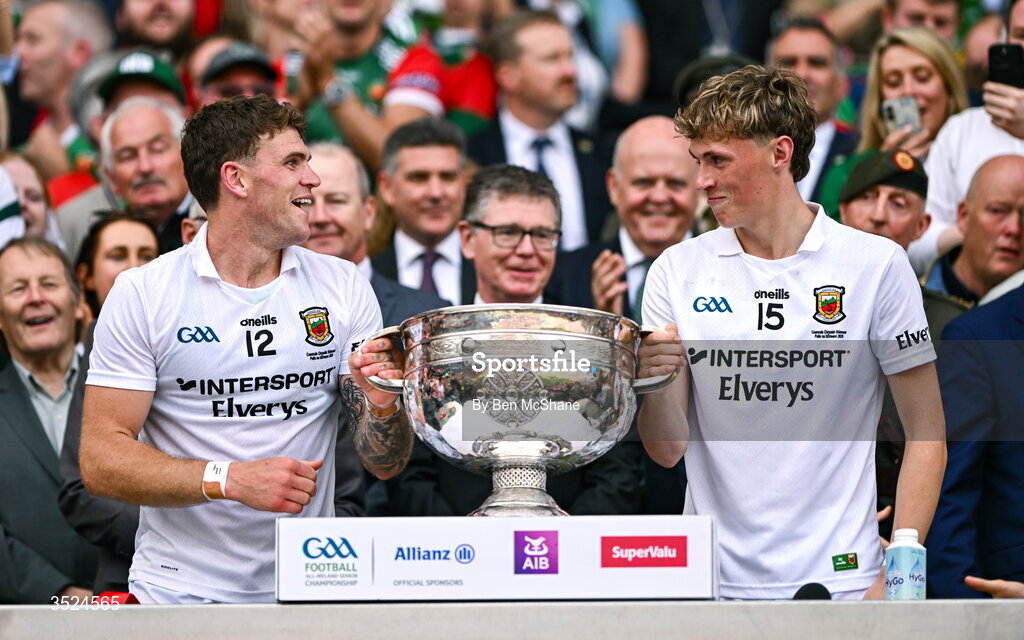26 July 2026; Jordan Flynn, left, and Kobe McDonald of Mayo prepare to lift the Sam Maguire Cup after the GAA Football All-Ireland Senior Championship final match between Kerry and Mayo at Croke Park in Dublin. Photo by Ben McShane/Sportsfile