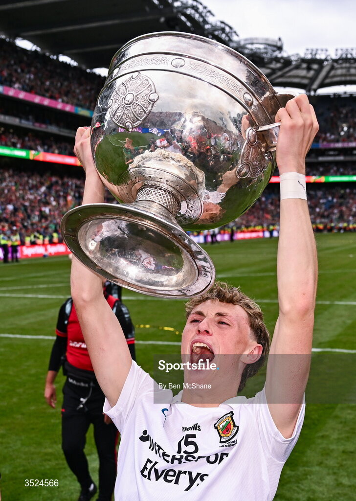 26 July 2026; Kobe McDonald of Mayo celebrates with the Sam Maguire Cup after the GAA Football All-Ireland Senior Championship final match between Kerry and Mayo at Croke Park in Dublin. Photo by Ben McShane/Sportsfile