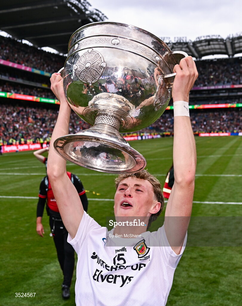 26 July 2026; Kobe McDonald of Mayo celebrates with the Sam Maguire Cup after the GAA Football All-Ireland Senior Championship final match between Kerry and Mayo at Croke Park in Dublin. Photo by Ben McShane/Sportsfile