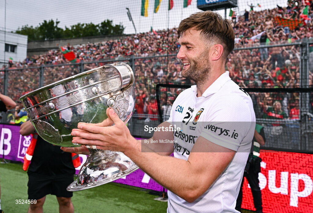 26 July 2026; Aidan O'Shea of Mayo celebrates with the Sam Maguire Cup after the GAA Football All-Ireland Senior Championship final match between Kerry and Mayo at Croke Park in Dublin. Photo by Ben McShane/Sportsfile
