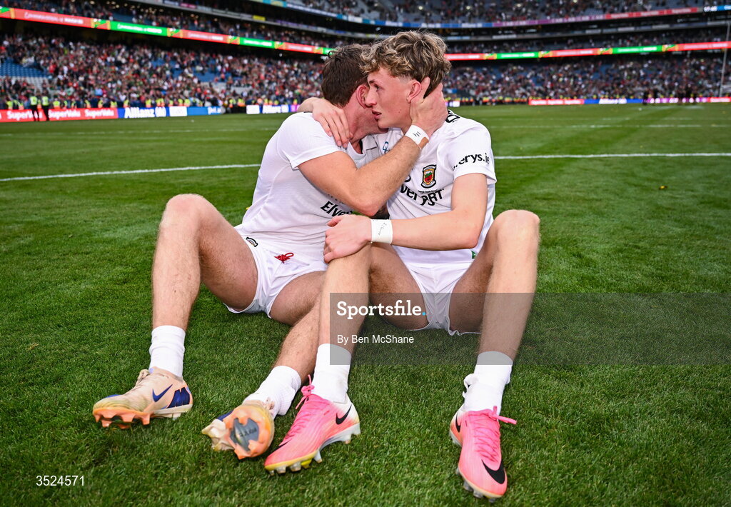 26 July 2026; Jordan Flynn, left, and Kobe McDonald of Mayo take a moment after the GAA Football All-Ireland Senior Championship final match between Kerry and Mayo at Croke Park in Dublin. Photo by Ben McShane/Sportsfile
