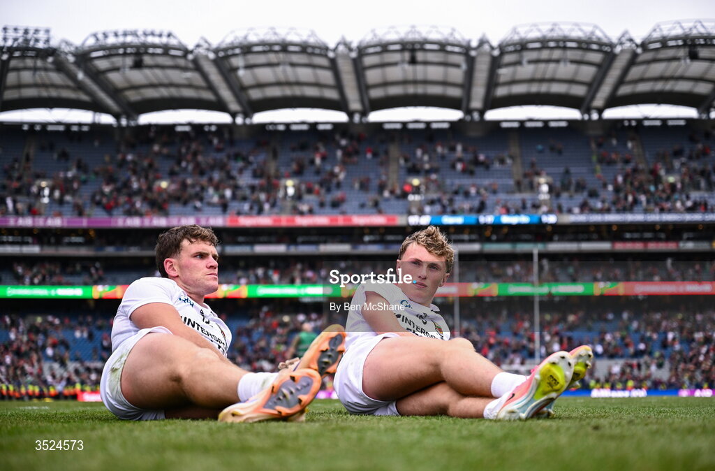 26 July 2026; Jordan Flynn, left, and Kobe McDonald of Mayo take a moment after the GAA Football All-Ireland Senior Championship final match between Kerry and Mayo at Croke Park in Dublin. Photo by Ben McShane/Sportsfile